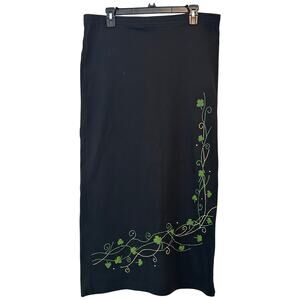 Vintage The Quacker Factory Black Maxi Skirt Embroidered Shamrock Floral S Y2K